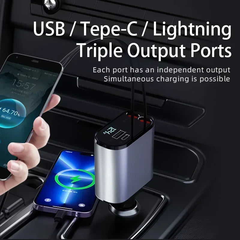 ⚡ 120W 4-in-1 Retractable Car Charger — Fast, Smart & Compact 🚘. HIGH QUALITY