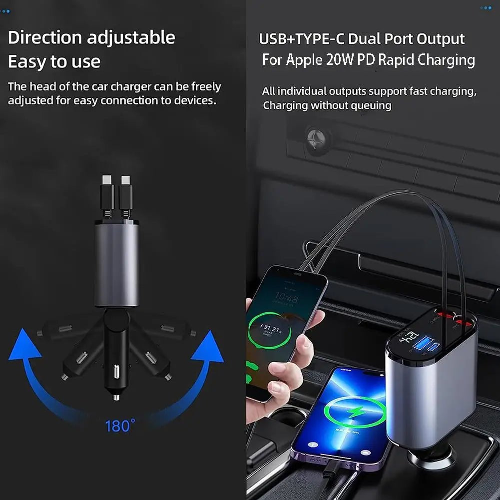 ⚡ 120W 4-in-1 Retractable Car Charger — Fast, Smart & Compact 🚘. HIGH QUALITY