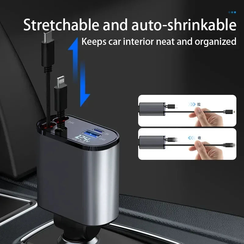 ⚡ 120W 4-in-1 Retractable Car Charger — Fast, Smart & Compact 🚘. HIGH QUALITY
