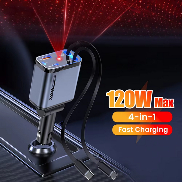 4 in 1 120W Retractable Car Charger with Starlight - High Quality